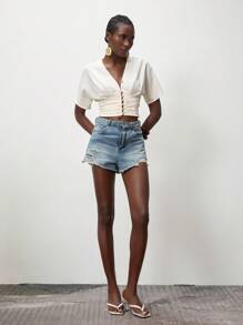 Lumivelle Women V-Neck Short Sleeve Ruffle Hem Fitted Crop Blouse