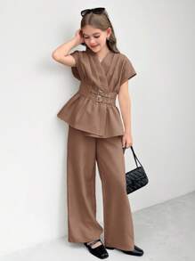 SHEIN Stylish Khaki Belted Pants And V-Neck Batwing Sleeve Blouse For Casual Wear Teen Girl Brown Set Tween Girl Wide Leg Pants And Peplum Top Two Piece Set, Back To School Clothes Girls