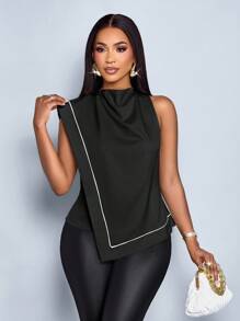 SOLERSUN Women's Commuting Draped Collar Contrasting Black Stripe Linen Asymmetrical Hem Blouse - Black - View 5