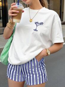 INAWLY Bộ 2 áo thun cổ tròn tay ngắn in họa tiết tối giản và quần short sọc cho nữ - Nhiều màu - Xem 2