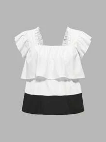 SHEIN 2 piezas Conjunto de Maternidad: Top casual con mangas con volantes y pantalones de unicolor con cordón - Negro - Ver 10