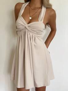 CovetEZ Vestido casual con cuello de corbata y espalda descubierta color albaricoque para mujer - Albaricoque - Ver 7