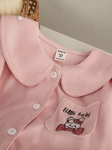 2 件女童可爱优雅猫咪刺绣蝴蝶结领开衫和裤子柔软羊毛休闲舒适睡衣套装 - 淺粉色 - 查看 4