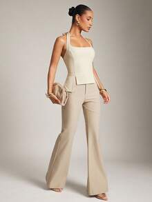 Hauture 女式性感圆领办公室休闲修身弹力上衣，配有可调节后背系带 - 卡其色 - 查看 3