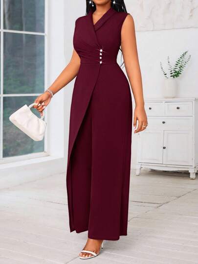 SHEIN Lady 2025 New  Plus Size Women's Solid Color Sleeveless Wide Leg Jumpsuit With Cross Neck And Pearl Decor Concert Women Outfit Women Jumpsuit Four Seasons,Homecoming Dress