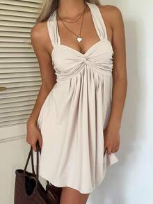 CovetEZ Vestido casual con cuello de corbata y espalda descubierta color albaricoque para mujer - Albaricoque - Ver 5
