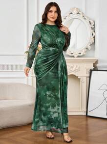 Modelyn 大码扎染印花扭纹设计优雅长袖连衣裙 - 綠色 - 查看 3