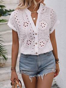 Breezaya 網眼刺繡蝙蝠袖前紐扣襯衫 - 白色 - 查看 4