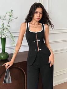 EastFlair 2pcs Women Contrast Trim Sleeveless Single-Breasted Top And Wide Leg Pants Set