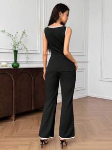 EastFlair 2pcs Women Contrast Trim Sleeveless Single-Breasted Top And Wide Leg Pants Set