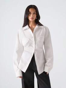 LYSMO 女式休闲纯色纽扣长袖衬衫 - 白色 - 查看 8