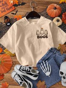 EMERY ROSE Plus Size Halloween Ghost & Pumpkin Print Round Neck Short Sleeve T-Shirt, Casual Summer - Apricot - View 2