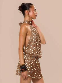 MUSERA 露背吊带低腰缎面波点迷你连衣裙，适合生日、毕业典礼、夏季假期、节日等场合，可爱休闲又不失优雅，是托斯卡纳阳光、伊比沙岛婚礼、海滩等场合的理想之选。 - 棕色 - 查看 3