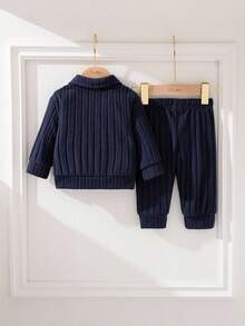 Souflis Souflis 2 件套男婴 Polo 领长袖上衣和裤子套装，男婴春秋装，时尚精美印花男婴服装，婴幼儿服装，男婴服饰 - 寶藍色 - 查看 4