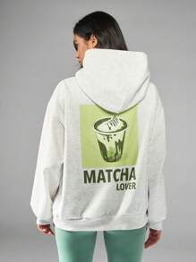 MISSGUIDED Matcha Lover Graphic Hoodie Japanese Tea Print Cozy Fleece Sweatshirt Fall Winter Casual Streetwear Centre Pocket Drawstring Hood Pullover - Grey - View 4