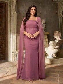 Aureia Plus Size Autumn And Winter Elegant Romantic Lotus Purple Swaying Collar Splicing Large Floating Piece Pleated Pleated Slim Fishtail Hem Suitable For Dinner Holiday Party Date Dance Wedding Event Bridesmaid Dress - Purple - View 2