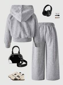 SHEIN ChillGRL Streecool 年轻女孩休闲学院风年轻女孩百搭小标志连帽宽松拉链运动衫和阔腿运动裤套装，适合休闲和运动 - 淺灰色 - 查看 2