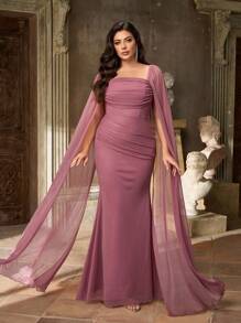 Aureia Plus Size Autumn And Winter Elegant Romantic Lotus Purple Swaying Collar Splicing Large Floating Piece Pleated Pleated Slim Fishtail Hem Suitable For Dinner Holiday Party Date Dance Wedding Event Bridesmaid Dress - Purple - View 6