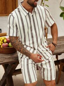 ResortEase Plus Size Men's Casual Striped Shirt And Shorts Set