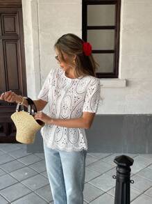 Pariaura Top de manga corta y corto con bordado floral para mujer, primavera/verano, bordado hueco - Blanco - Ver 4