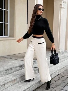 SHEIN Frenchy 女款優雅法式休閒黑白配色長袖珍珠寬腿褲，夏季商務休閒，適合教師、約會之夜與課堂穿著 - 彩色 - 查看 5