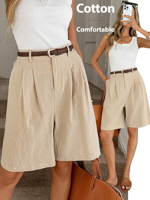 Easowa Casual Khaki Woven Bermuda Shorts With Straight Leg And Zipper Detail Long Shorts For Women Wide Leg Shorts High Waisted Shorts Women Shorts