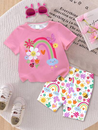 SHEIN Conjunto de camiseta de manga corta con cuello redondo y leggings con estampados lindos de flores, caras, arcoíris, insectos y mariposas, adecuado para ropa de niña pequeña en primavera/verano