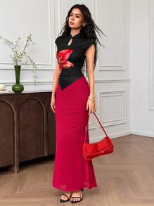 EastFlair Women's Fashion Elegant Printed Asymmetrical Hem Top & Fish Tail Skirt 2 Pieces Set - Multicolor - View 3