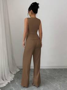 SHEIN Tall Women's Business Chic Sleeveless Blazer Vest & Pants Suit Set, Summer Commuting Old Money Style