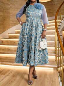 Fleurora 春夏优雅派对婚礼鸡尾酒会音乐会/音乐节蓝色编织提花圆领喇叭形 3D 玫瑰修身喇叭裙中长七分袖大码连衣裙优雅女装高档服装优雅礼服婚礼