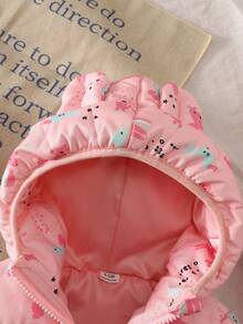 SHEIN 女婴厚连帽夹克，柔软蓬松的粉色印花冬季外套 - 彩色 - 查看 6