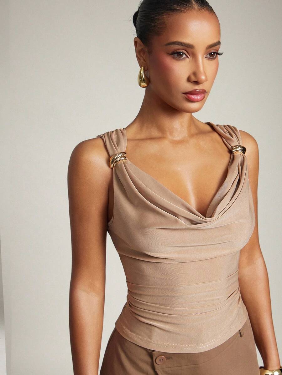 Hauture Old Money Sexy Business Casual Ruched Shoulder Gold Detail Cowl Neck Top Elegant Sleeveless Office Blouse, Professional Workwear, Chic Evening Fashion