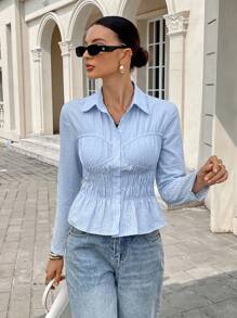 Siren Gaze 通勤休闲条纹衬衫 秋季女装 返校季 商务休闲女装 办公室女装 教师装 外出上衣 女式纽扣衬衫 冬季女装 - 藍白色 - 查看 1