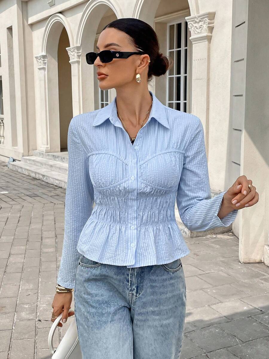 Siren Gaze 通勤休闲条纹衬衫 秋季女装 返校季 商务休闲女装 办公室女装 教师装 外出上衣 女式纽扣衬衫 冬季女装 - 藍白色 - 查看 1