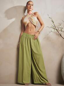 L'Amorae Women's Solid Woven Flowy Wide Leg Linen Pants