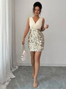 Elenzga 女式优雅秋季闪亮V领拼接亮片修身派对迷你连衣裙 - 黃色 - 查看 7