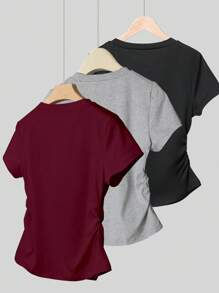 INAWLY 女士休闲褶皱圆领短袖T恤 - 彩色 - 查看 2