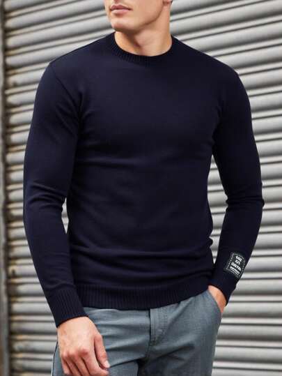 RueChic Men Solid Casual Crew Neck Patched Regular Sweater