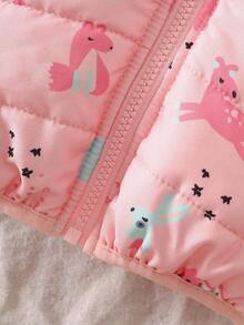 SHEIN 女婴厚连帽夹克，柔软蓬松的粉色印花冬季外套 - 彩色 - 查看 8