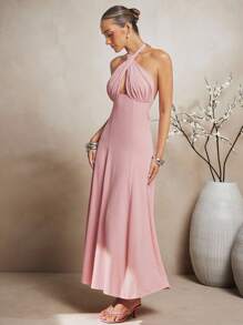 L'Amorae Women Criss Cross Halter Neck Maxi Linen Summer Dress With Slight Stretch, Casual, Elegant, Vacation, Birthday, Casual Wedding Guest