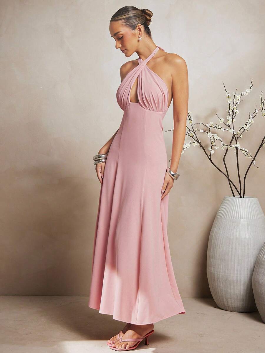 L'Amorae Women Criss Cross Halter Neck Maxi Linen Summer Dress With Slight Stretch, Casual, Elegant, Vacation, Birthday, Casual Wedding Guest