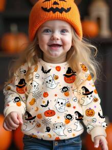 SHEIN 万圣节女婴休闲简约南瓜、幽灵、心形、骷髅、蝙蝠图案圆领套头衫，适合秋冬万圣节 - 彩色 - 查看 1