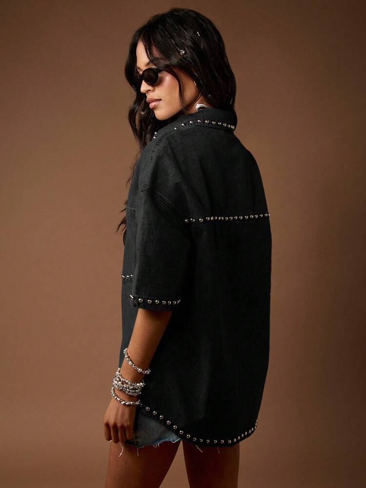 MISSGUIDED Studded Denim Button Down Shirt Western Style Oversized Metallic Embellished Statement Piece Festival Party Night Out Rocker Chic