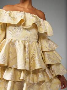 MISSGUIDED Off Shoulder Ruffle Mini Dress Jacquard Brocade Special Occasion Wedding Guest Puff Sleeve Tiered Layered Party Holiday Celebration Reception Glamorous Statement Dress - Multicolor - View 5