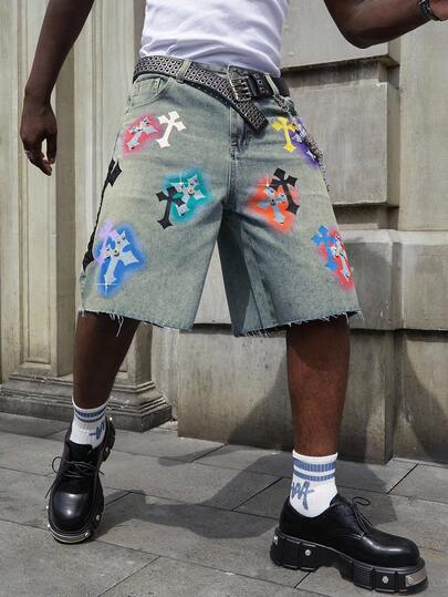 Street Life Men's Cross Print Rhinestone Embellished Denim Shorts