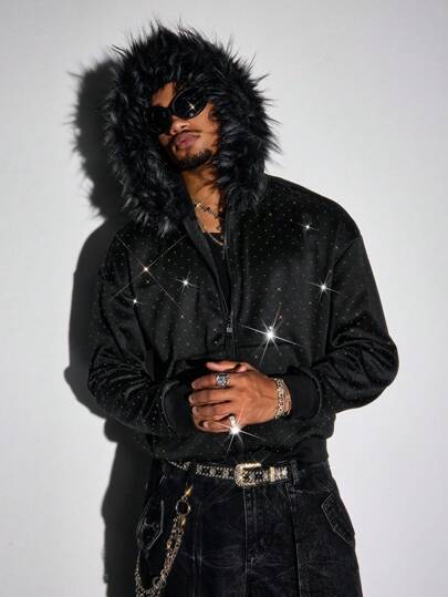 Street Life Men's Sparkling Rhinestone Fuzzy Collar Sweatshirt Sweatshirt, Loose Cropped Style