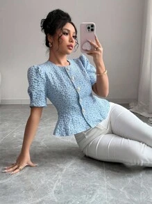 Elenzga 女士优雅修身荷叶边纹理衬衫 - 藍色 - 查看 6