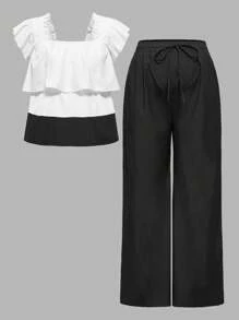 SHEIN 2 piezas Conjunto de Maternidad: Top casual con mangas con volantes y pantalones de unicolor con cordón - Negro - Ver 1