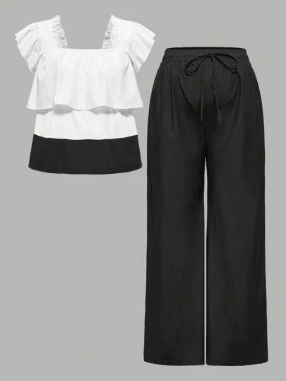 SHEIN 2pcs Maternity Set: Casual Ruffle Sleeve Top And Drawstring Solid Color Pants