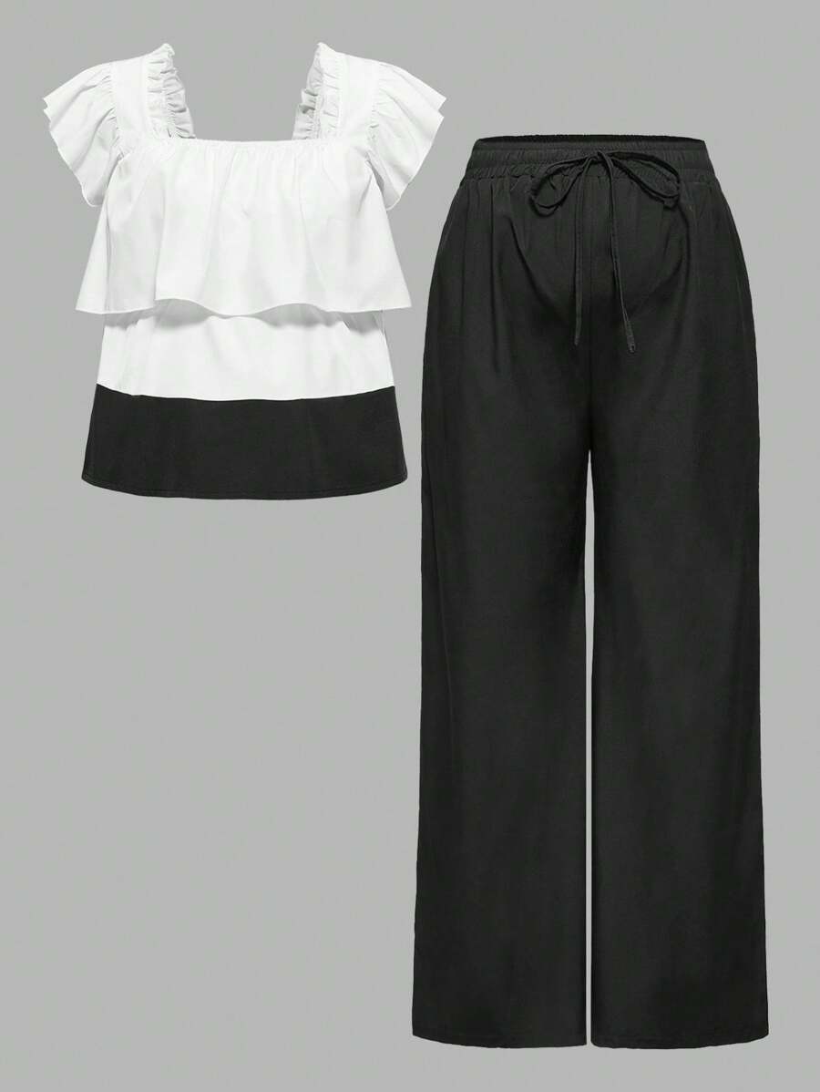 SHEIN 2 piezas Conjunto de Maternidad: Top casual con mangas con volantes y pantalones de unicolor con cordón - Negro - Ver 1